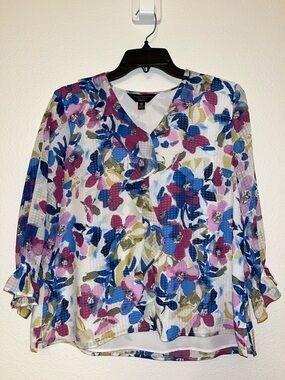 Investments Multicolor Floral Ruffle V-Neck Blouse
